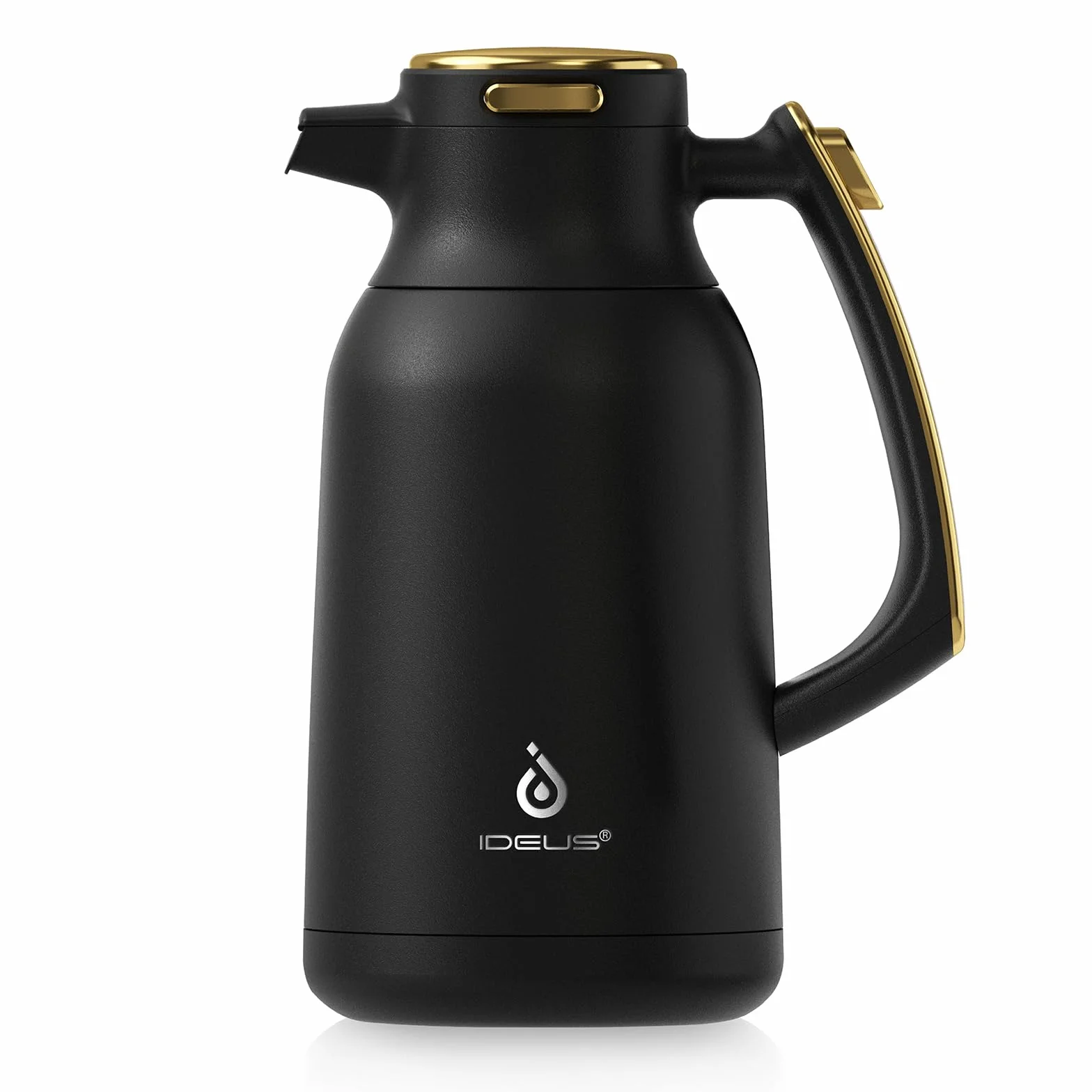 IDEUS® Termo de 2 l, acero inoxidable de doble pared, aislamiento al vacío, tetera caliente para café, sin BPA (negro y dorado)