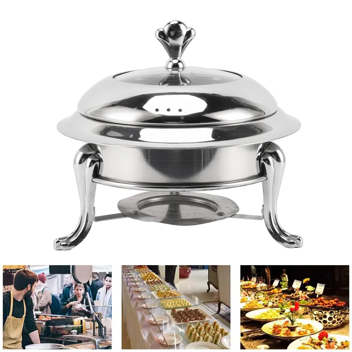 Juego de Buffet para Chafing Dish, Calentador de Buffet Redondo Portátil con Tapa, Calentador de Comida de Catering de Acero Inoxidable para Fiestas, Bodas, Cumpleaños (22cm)