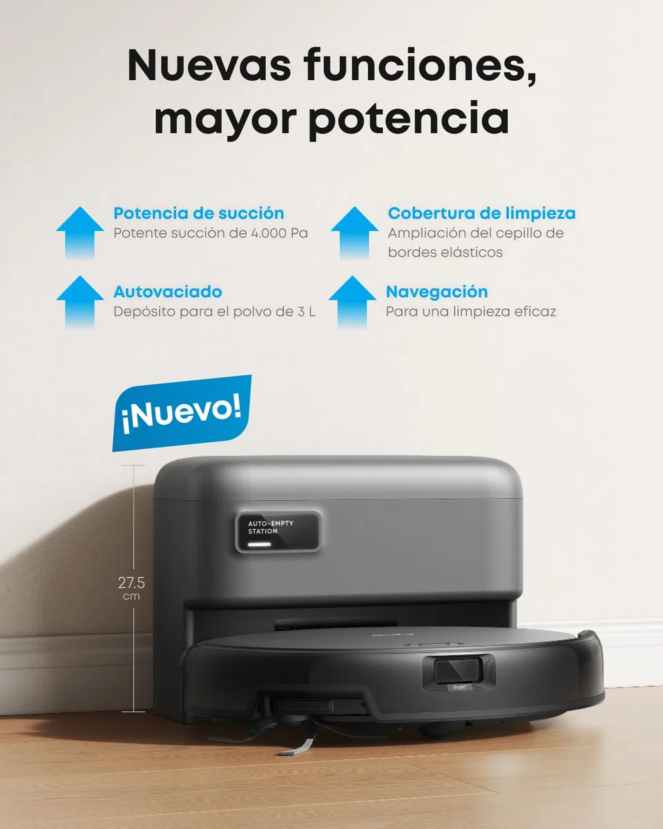 eufy C10 robot aspirador con estación de succión automática, diseño ultraplano 7,2 cm, limpieza alfombras, cepillo extensible para esquinas, vaciado automático, láser y navegación infrarrojos