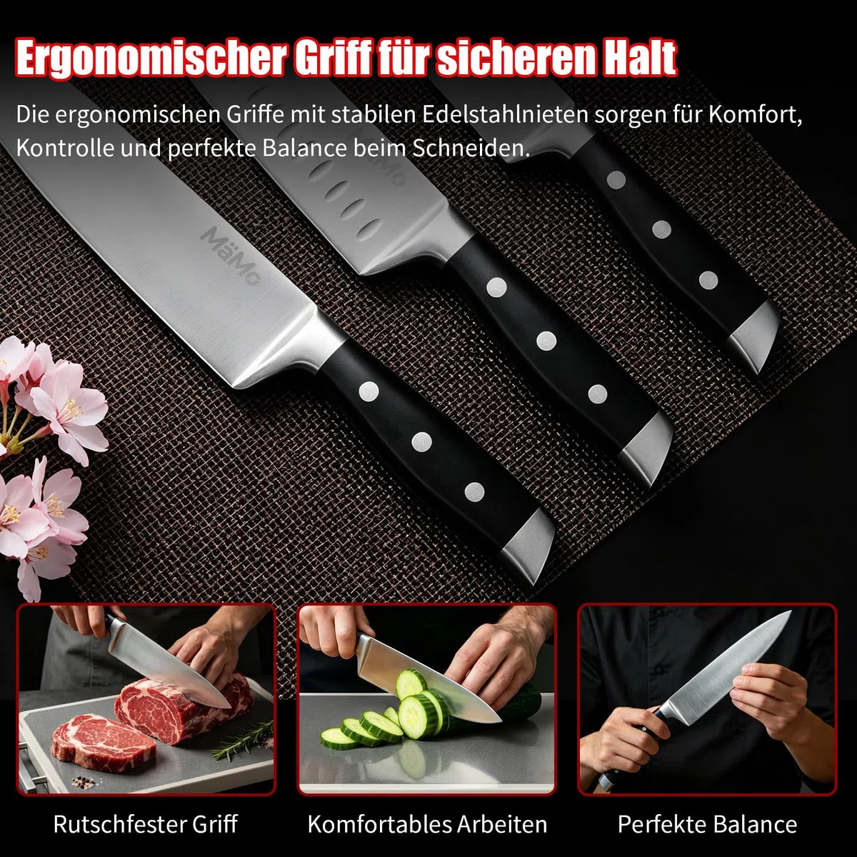 Juego de 19 cuchillos con bloque de cuchillos y tabla de cortar de titanio, juego profesional de cuchillos de cocina de acero inoxidable con cuchillo de chef, cuchillo Santoku, 6 cuchillos de carne
