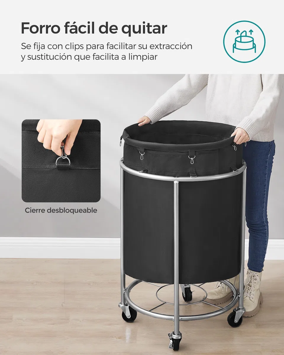 SONGMICS Cesto de Ropa Sucia con Ruedas, Cesta de la Ropa Sucia, 170 L, Cesto Redondo con Marco de Acero y Bolsa Extraíble, 4 Ruedas y 2 Frenos, Negro y Plata RLS001B01