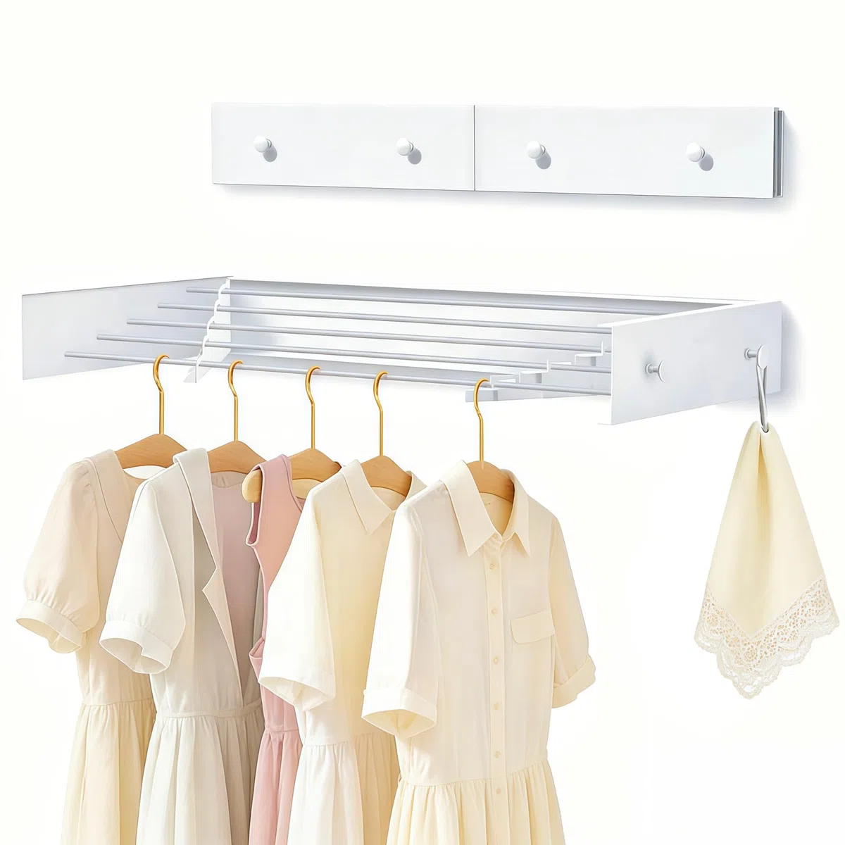 Tendedero de pared de acero al carbono, 60 cm, tendedero extensible con 4 ganchos, capacidad de carga de 25 kg, toallero de ahorro de espacio, adecuado para balcones, terrazas y baños (blanco)