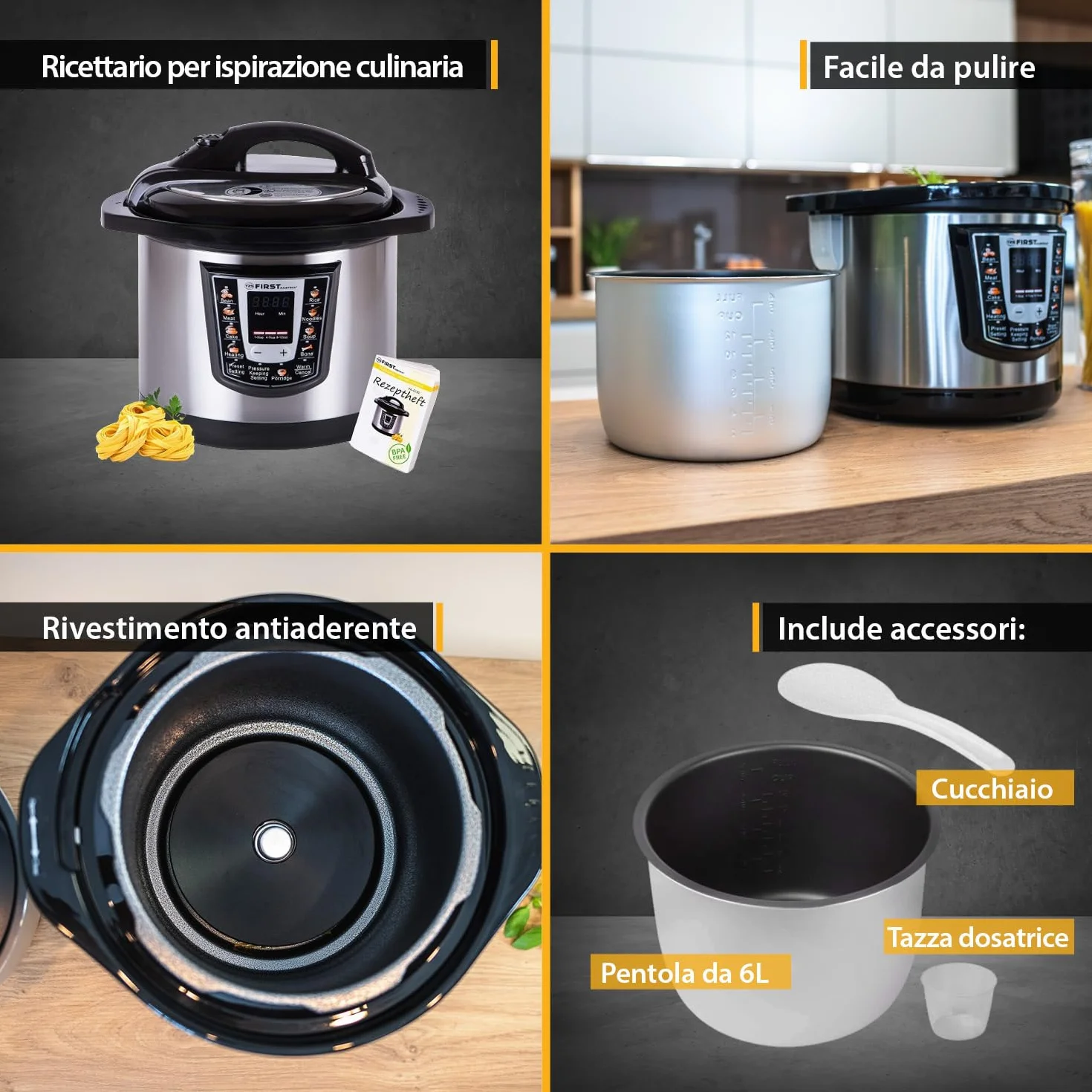 TZS First Austria - Olla a presión eléctrica 6L con 9 programas automáticos - Multicooker 1000W como arrocera, vaporera, Crock Pot, etc. - Multiolla eléctrico a presión