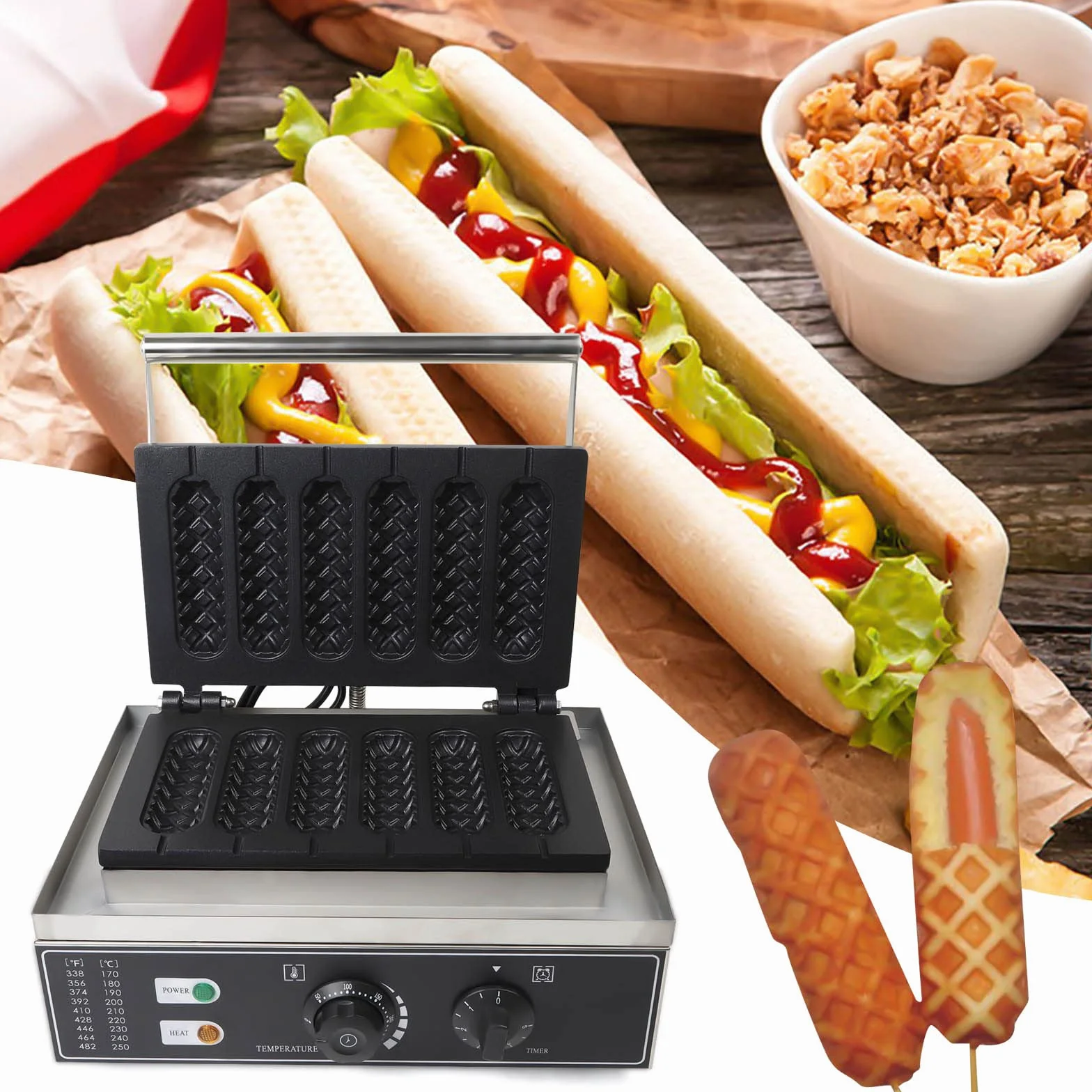 Gofrera máquina de gofrera máquina automática de gofres Temporizador Gastro sin palo para Francés Hotdog Anti Revestimiento Led Luz Comercial Eléctrica Waffle Waffle Máquina eléctrica