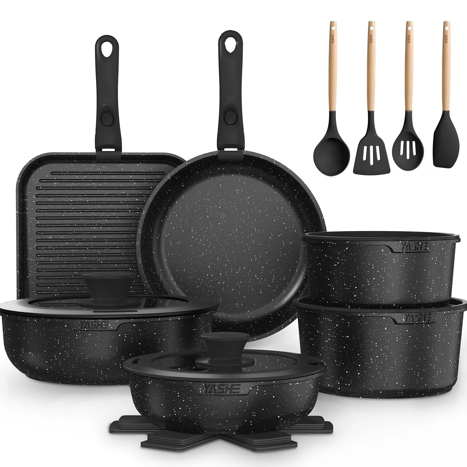 YASHE Batería de Cocina 21 Piezas, Antiadherente, con Mangos Desmontables y Tapas de Vidrio, Compatible con Inducción, Horno y Lavavajillas, Apilable, Gris