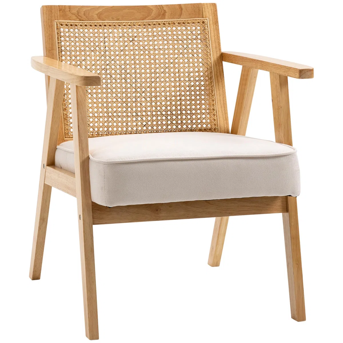 HOMCOM Butaca de Salón con Reposabrazos Sillón con Respaldo de Ratán y Marco de Madera de Caucho Butaca para Dormitorio Salón Carga 120 kg Natural y Beige