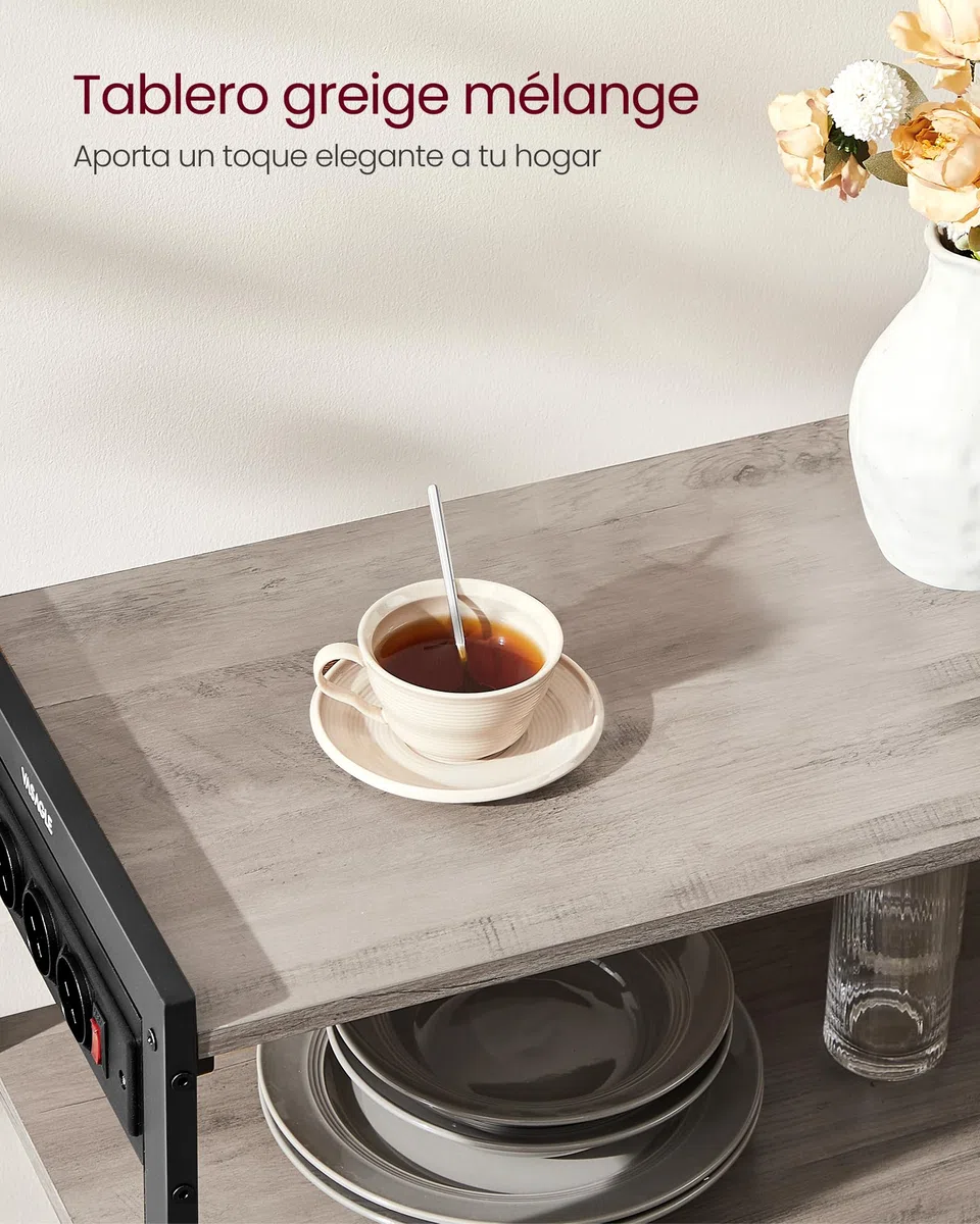 VASAGLE Estantería de Cocina con Enchufes, 2 Cestas de Malla, Estantería para Microondas, con Estantes y Ganchos, 35 x 80 x 93,5 cm, Estilo Industrial, Greige Mélange y Negro Tinta KKS196K02
