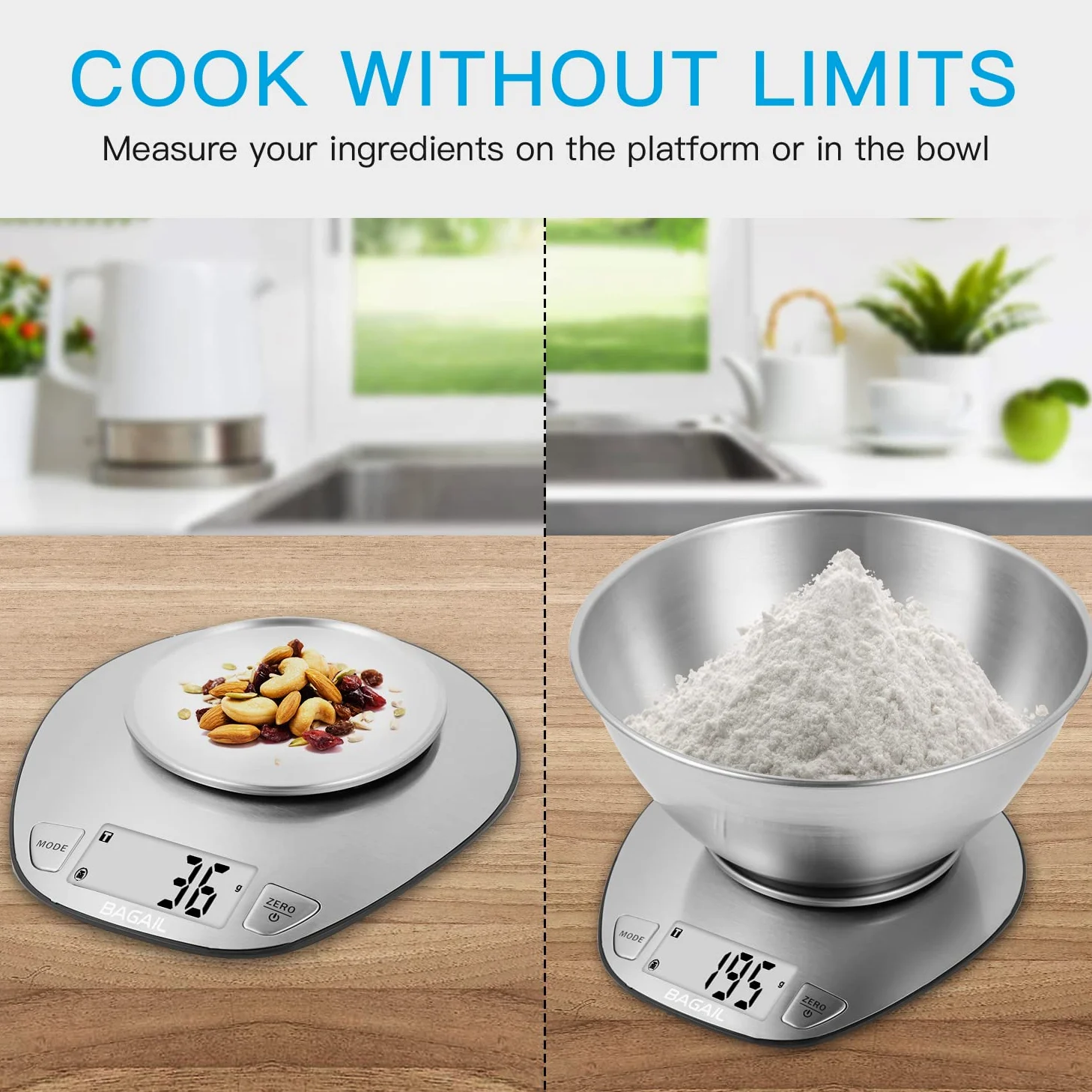 BAGAIL BASICS Báscula electrónica de cocina de alta calidad, báscula de respaldo de pantalla grande, báscula de pesaje de alimentos húmedos y secos con cuenco de mezcla de acero inoxidable, 5 kg