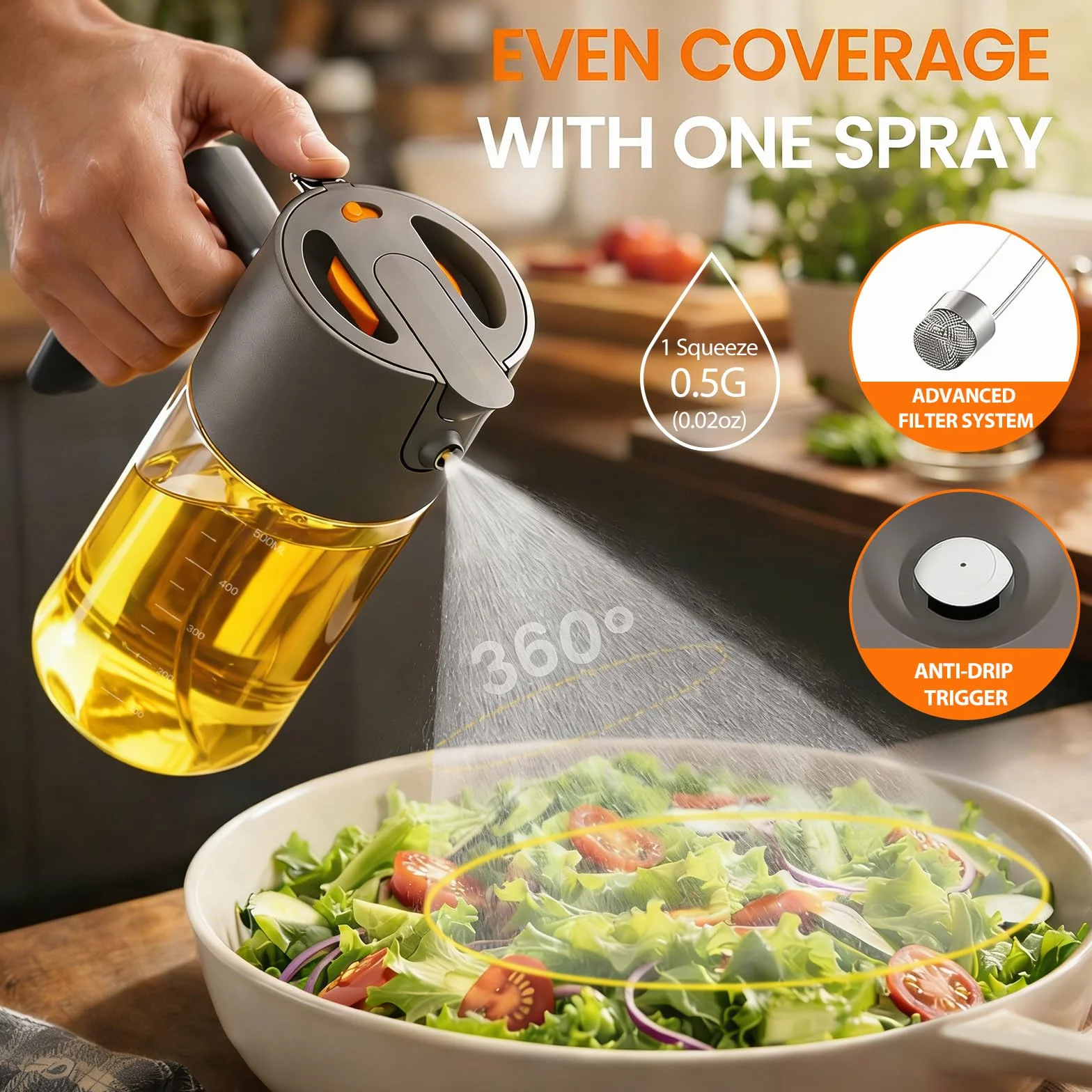 Costop Pulverizador profesional de aceite de vidrio de 500 ml, herramienta de cocina 3 en 1: niebla fina, flujo y vertido, diseño a prueba de fugas para freidora de aire, barbacoa y cocina, sin BPA
