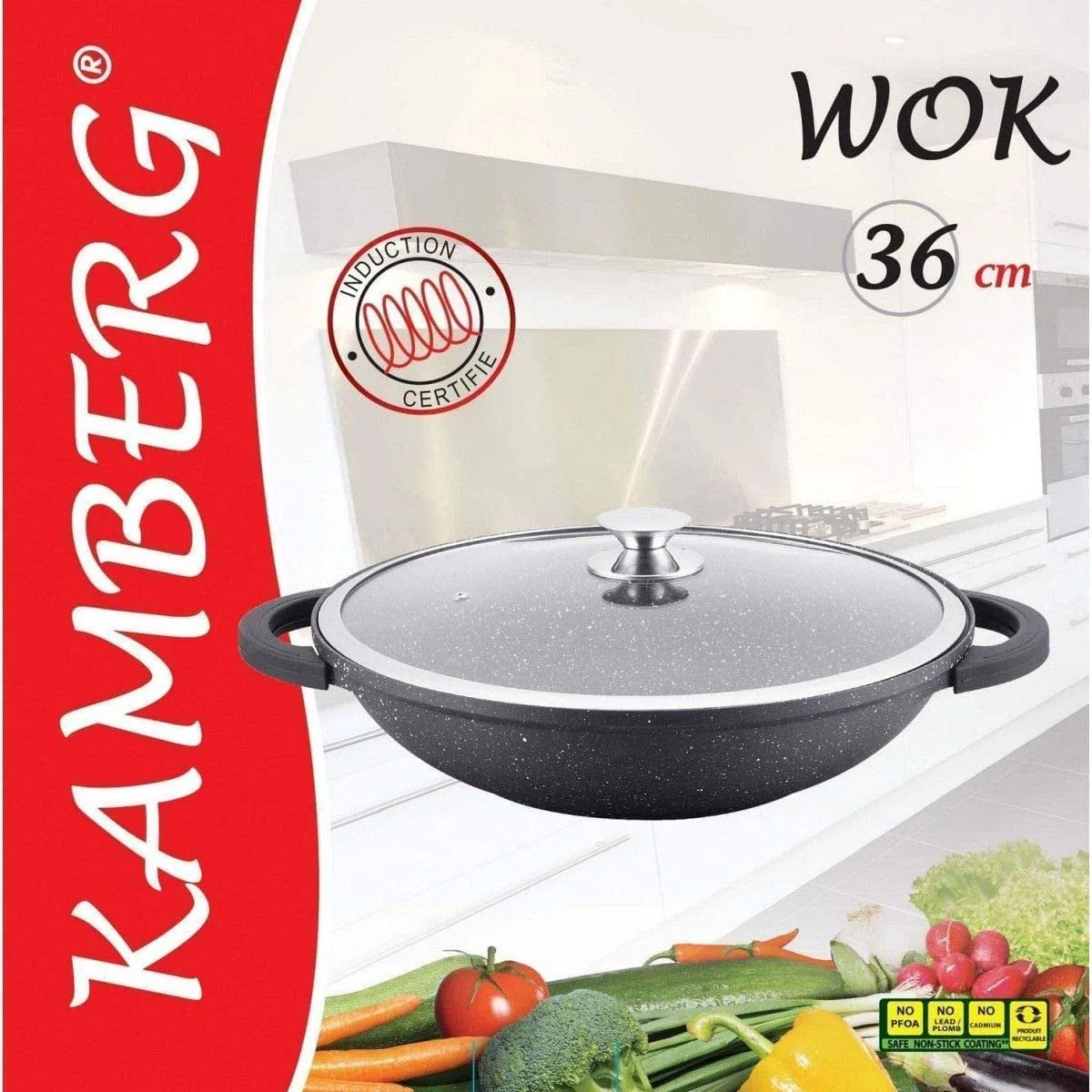 Kamberg Wok 36 cm, aluminio fundido, revestimiento tipo piedra, tapas de cristal, todo tipo de fuentes de calor, incluida la inducción, sin PFOA