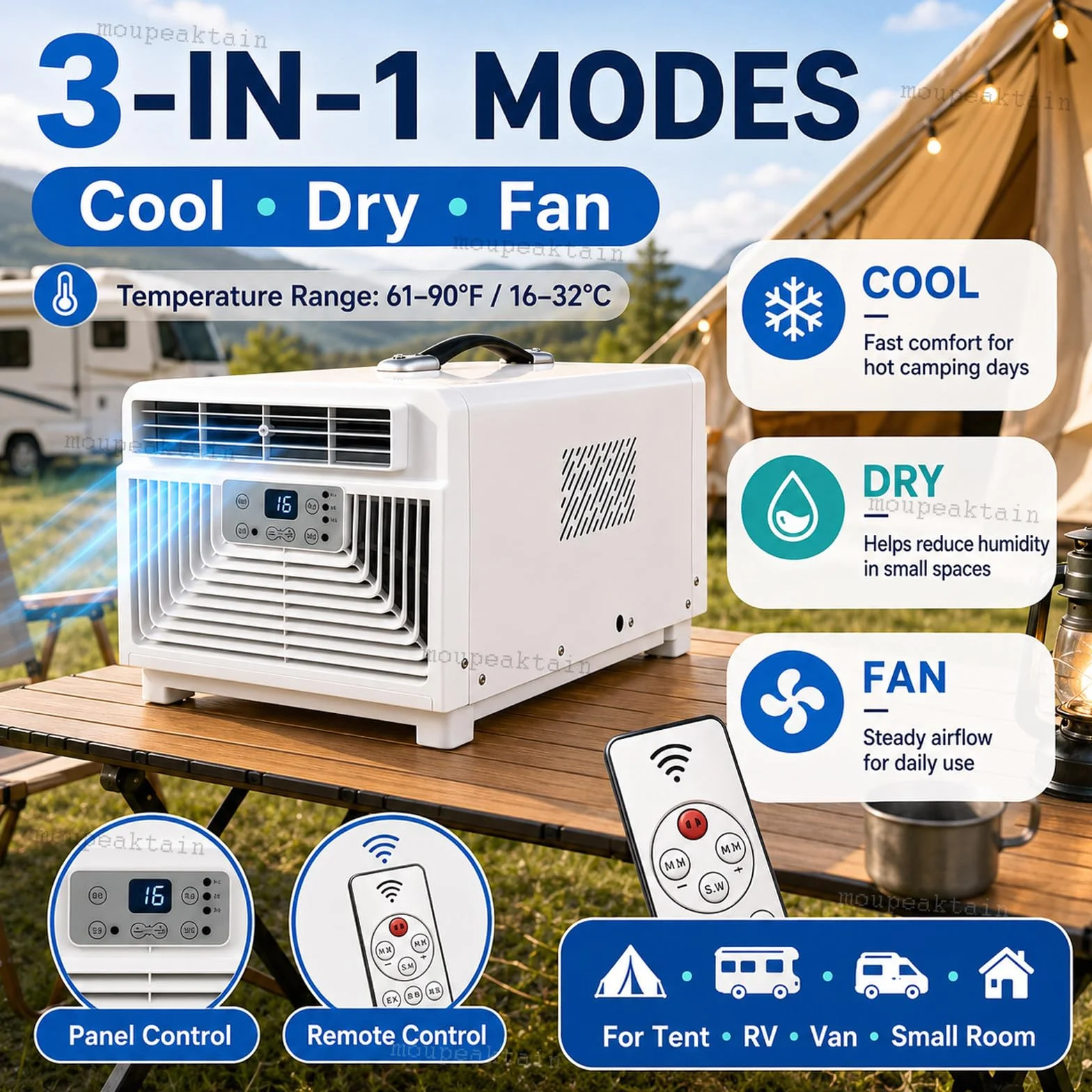 Aire Acondicionado Portátil 220V, 3400 BTU para Camping, Tienda y Autocaravana, 3 en 1 con Frío, Deshumidificador, Ventilador, Mando a Distancia, Temporizador 12H y Tubo de Escape