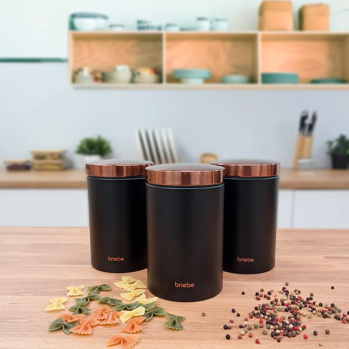 briebe Set Panera de Mesa + Juego de 3 Botes Cocina Almacenaje, Acero Inoxidable, Contenedor para Guardar Pan y Bollería, Tapa Deslizante, Diseño Moderno, Bread Box, Negro Mate/Oro Rosa