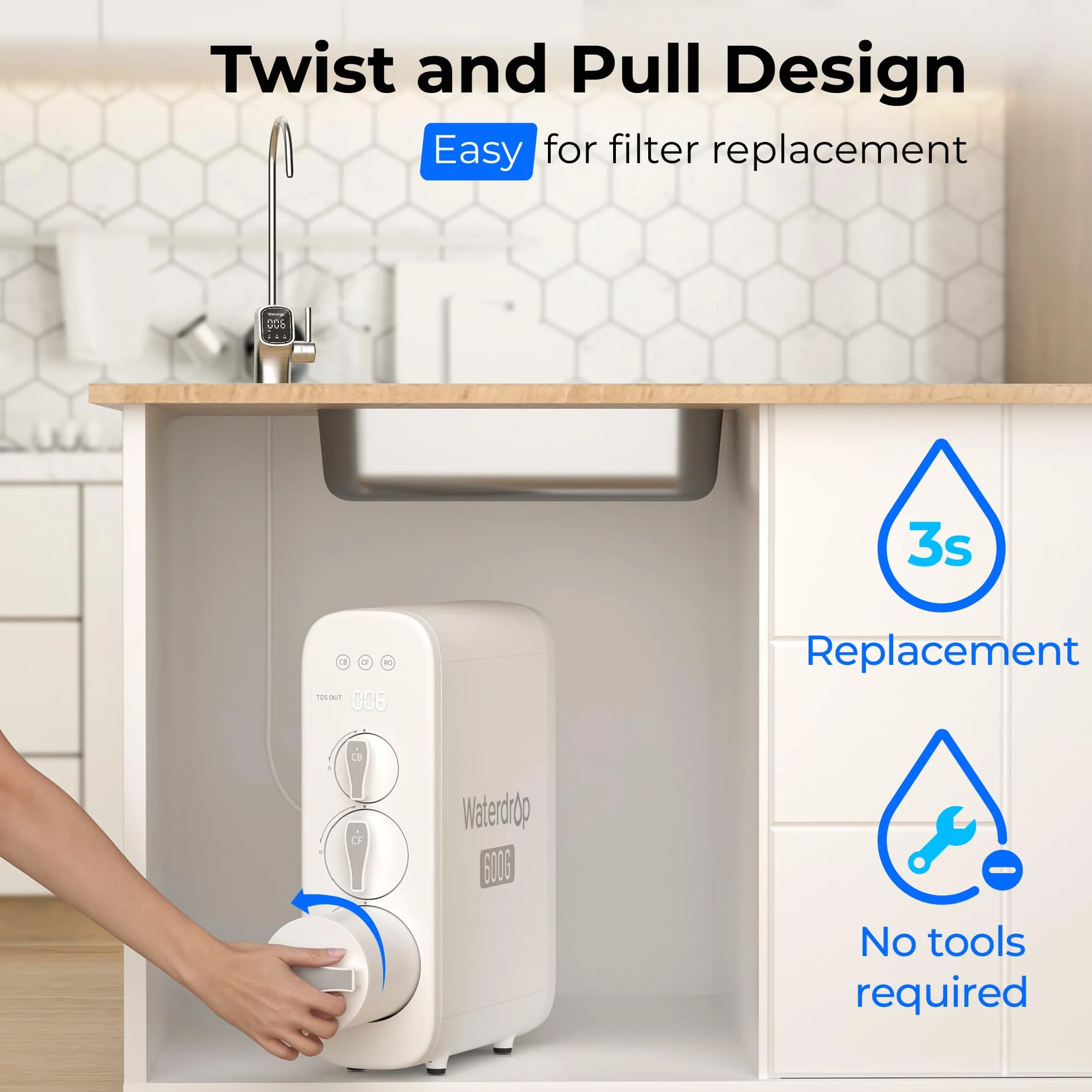 Waterdrop Filtro WD-G3P600-RO, certificado NSF, repuesto para sistema de ósmosis inversa WD-G3P600, vida útil de 2 años