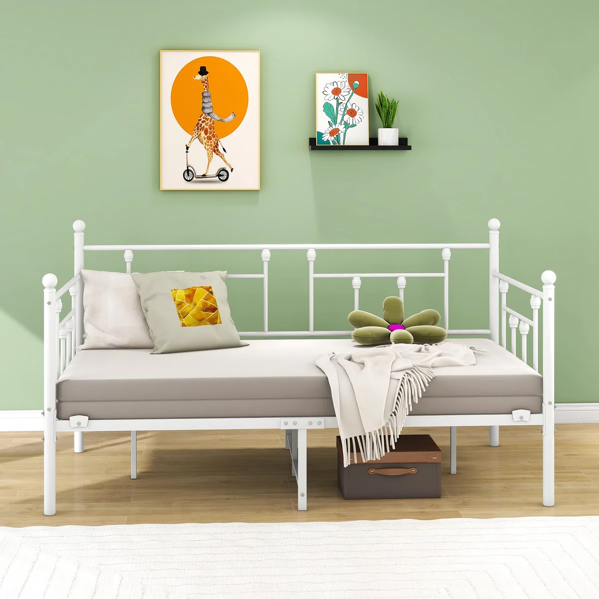 Marco de cama de 90 x 200 cm, sofá individual con somier de láminas para habitación de invitados, jóvenes, cama de metal para dormitorio, sala de estar, color blanco