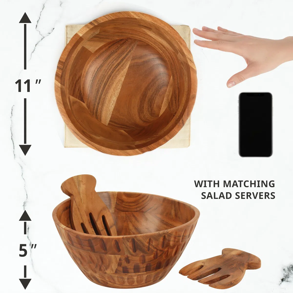 Juego de ensaladeras de madera – Acacia, cuenco de madera de 11 pulgadas con manteles individuales de yute y utensilios de servir, cuenco grande para encimera de cocina, decoración