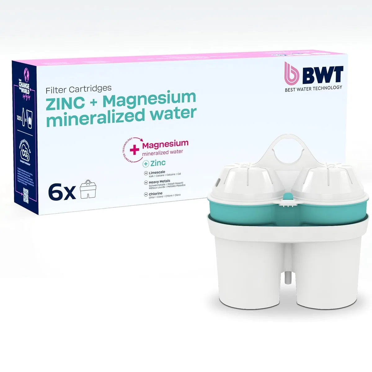BWT filtros agua ZINC & MAGNESIO – Pack 6 | Filtro jarra compatible con jarra filtradora de agua | Purificador doméstico | Reduce cal, cloro, metales pesados | Hasta dureza de 14,9 °dH