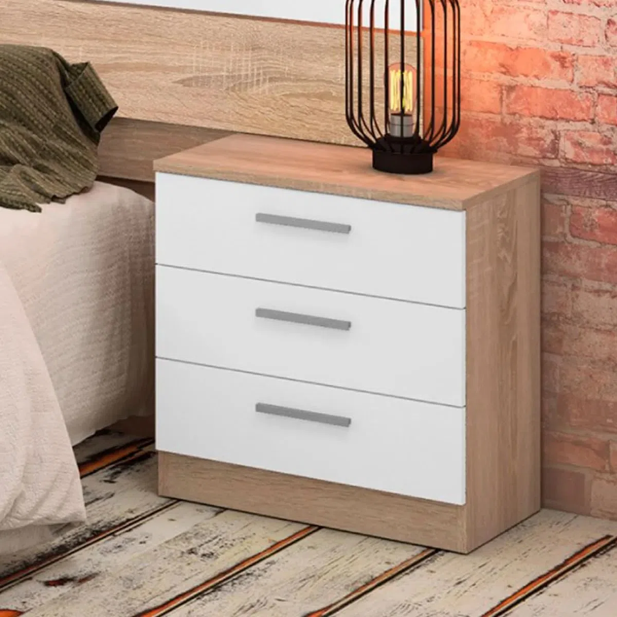Pack Cabecero y 2 Mesitas de Noche, Dormitorio Doble, Dormitorio Completo, Acabado en Cambria y Blanco, 220 cm (An) x50 cm(Al) x 35 cm(Fon) - Meyvaser