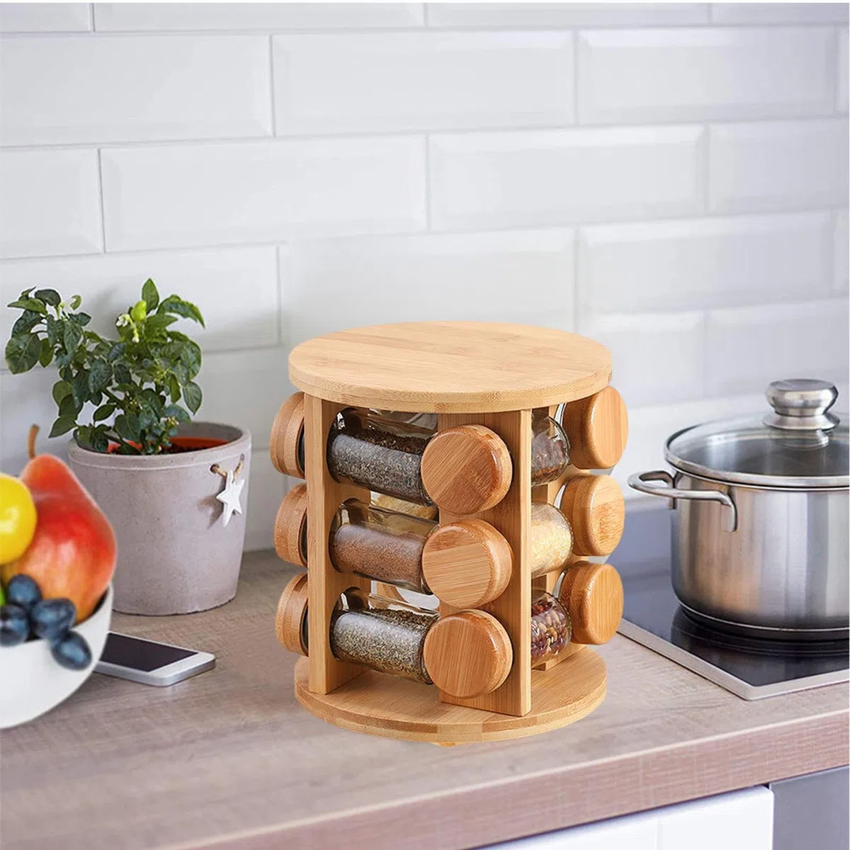 Generisch Organizador de especias giratorio, soporte para tarros de especias de madera para la cocina, para encimera, cocina, armario, cocina, armario de cocina, comedor, apartamento, entusiastas de