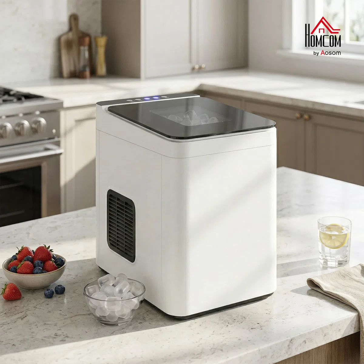 HOMCOM Máquina de cubitos de hielo pequeña, 12 kg, 24 horas, 9 cubitos de hielo en 7 – 10 minutos, 2 tamaños de cubos de hielo Bullet, máquina de hielo autolimpiable, con pala y cesta, para cocina