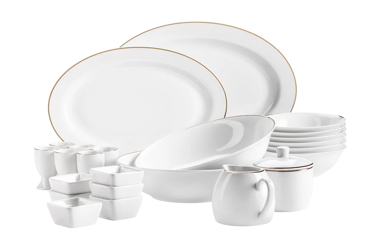 MÄSER 931735 Serie Professional Dining - Juego de cuencos para cereales, hueveras, cuencos, azucareros, leche, cuencos para salsas y platos para servir, 24 piezas, color blanco con borde dorado,