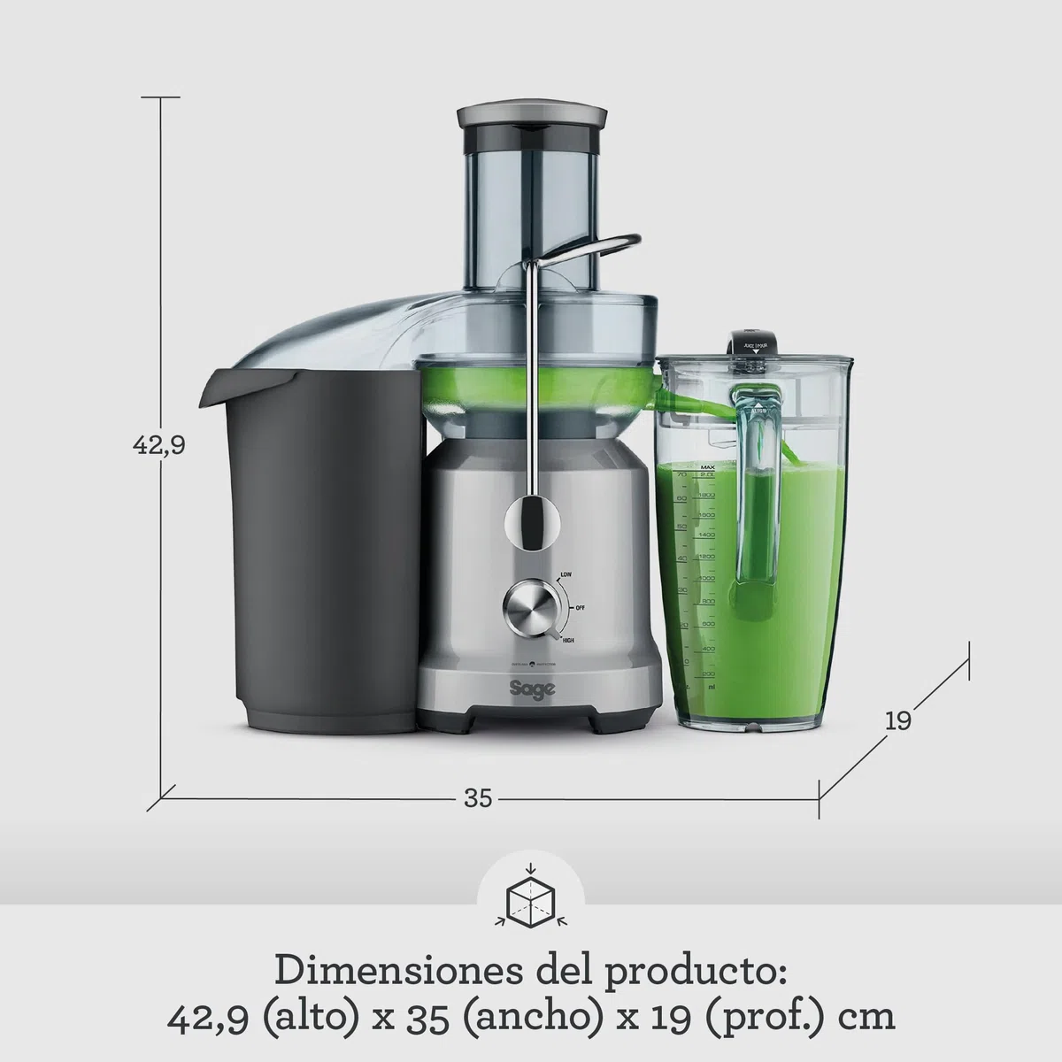 Sage Nutri Juicer Cold - Exprimidor de Zumo, Plata | Tecnología Cold Spin, Motor Eficiente de 1250W, Jarra Easy Seal de 2L, Doble Velocidad, Brazo de Seguridad