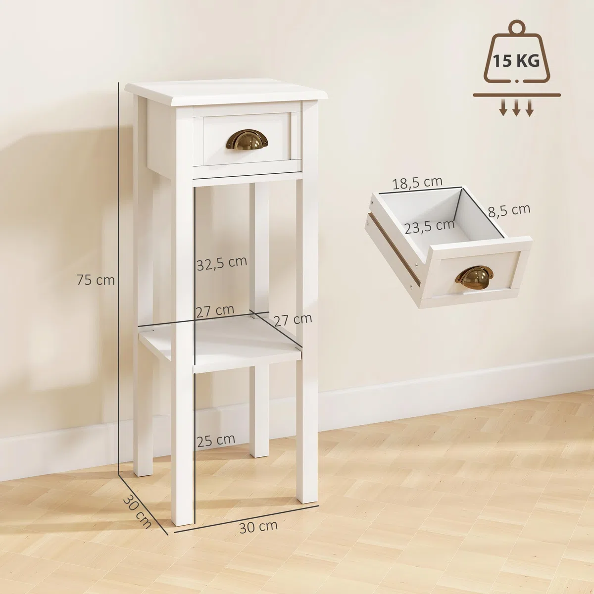 HOMCOM Juego de 2 Mesas Auxiliares Modernas, Mesas Auxiliares para Sofá, con Cajón y Estante, Mesitas de Noche para Salón, Dormitorio, 30x30x75 cm, Blanco