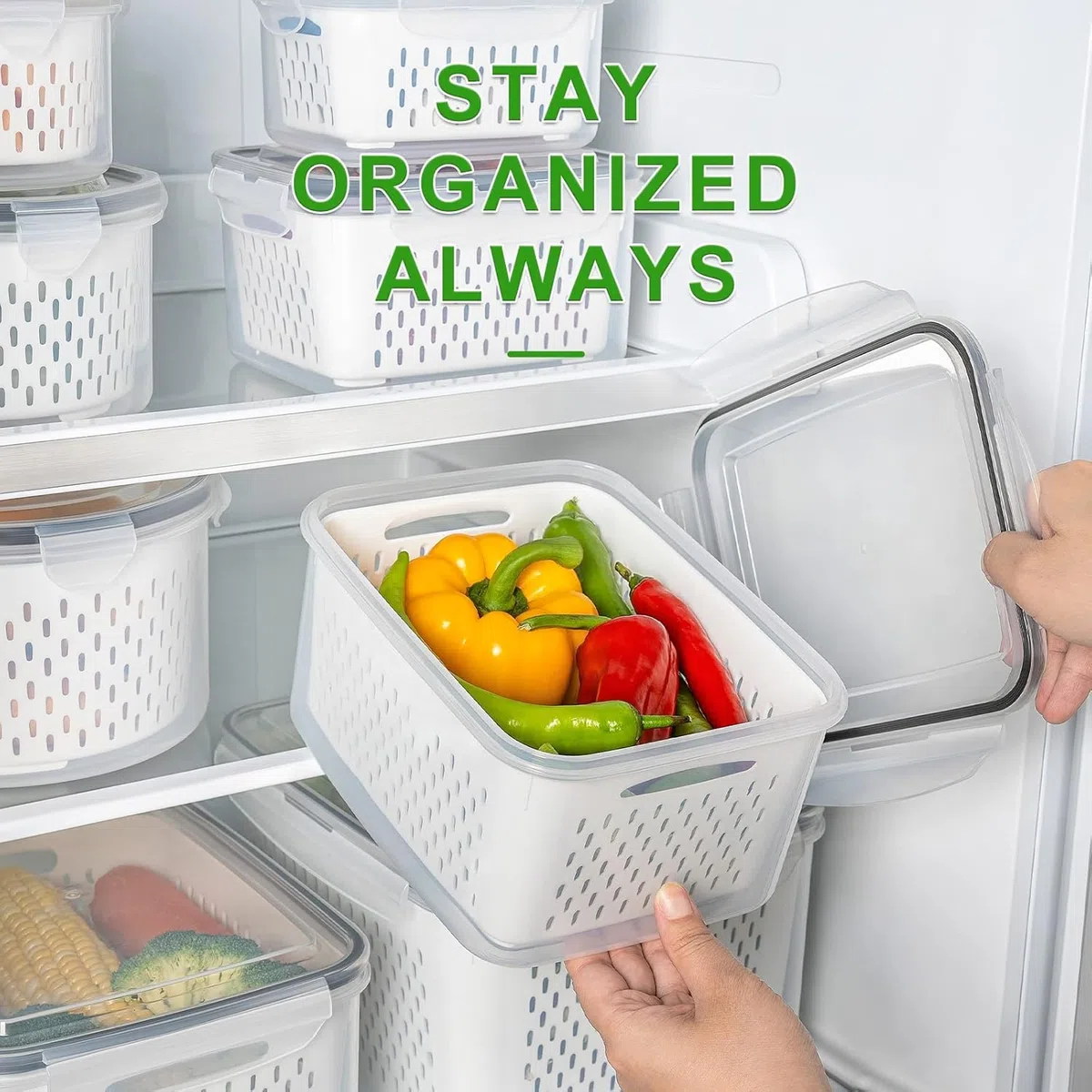 5 recipientes de almacenamiento de frutas para refrigerador con colador extraíble y juego de picador, recipientes de almacenamiento de alimentos a prueba de fugas con tapas, aptos para lavavajillas y