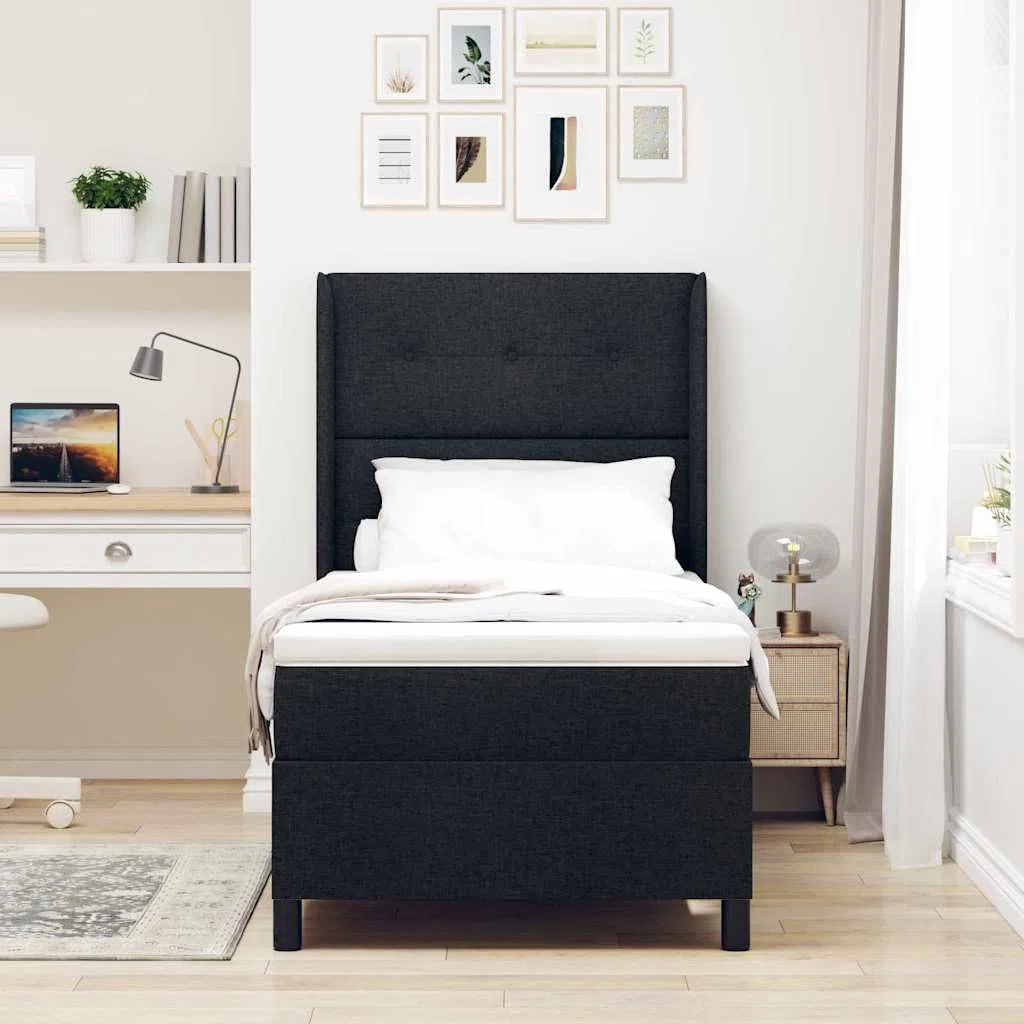 Cama con somier LED con colchón, color negro, 90 x 200 cm, tela tapizada, con somier y cabecero, tiras LED RGB, marco de madera, dormitorio moderno, espacio compacto para dormir