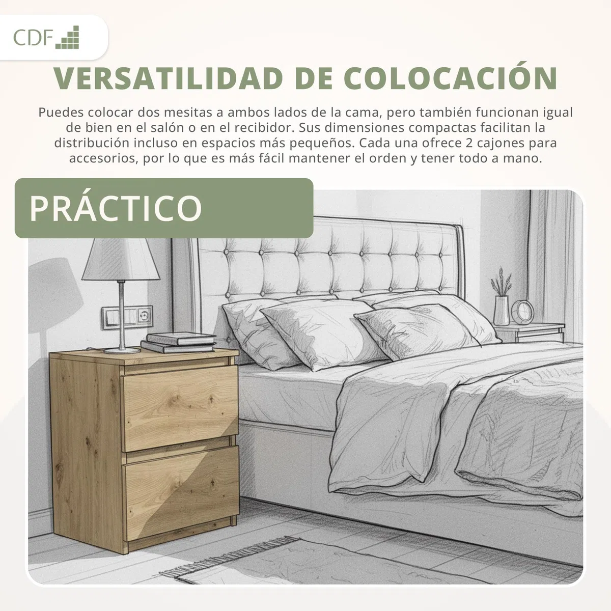 CDF Mesita Mesa Mesilla de Noche con 2 cajones Auxiliar Junto Cama Mueble de Dormitorio Salón Oficina Estilo Moderno Gabinete Organización Espacio Tamaño Compacto - M2 30cm Roble Artisan
