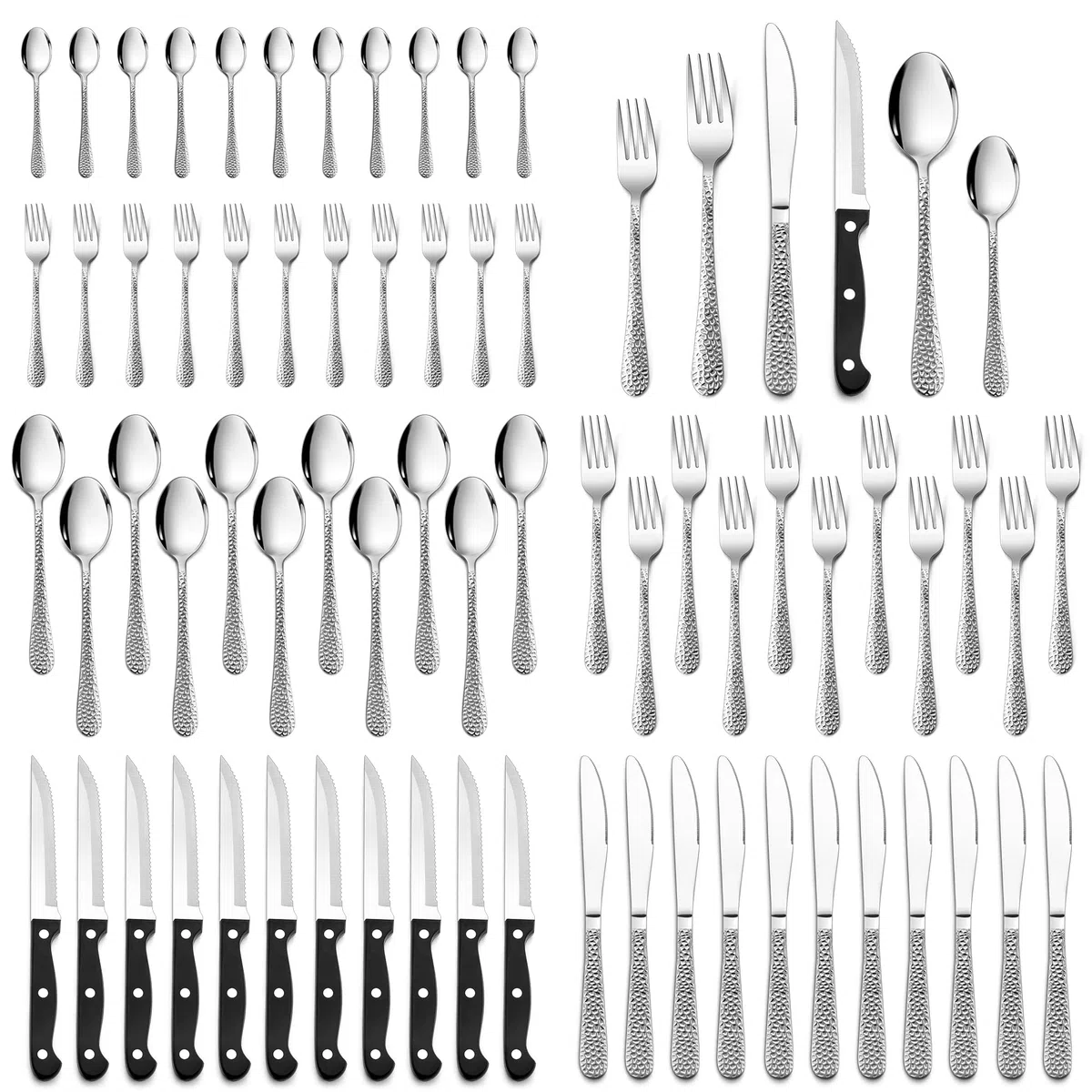 HaWare Juego de cubiertos de acero inoxidable de 72 piezas con cuchillo de carne para 12 personas, moderno juego de cubiertos con mango de martillo, cuchillo, tenedor y cuchara, para casa/restaurante,