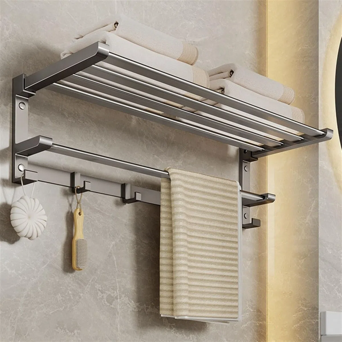 LUUYYI Estante de baño para baño, toallero de acero inoxidable con barra de toalla y ganchos, estante plegable montado en la pared, estantes flotantes negro/gris (gris pistola, M)