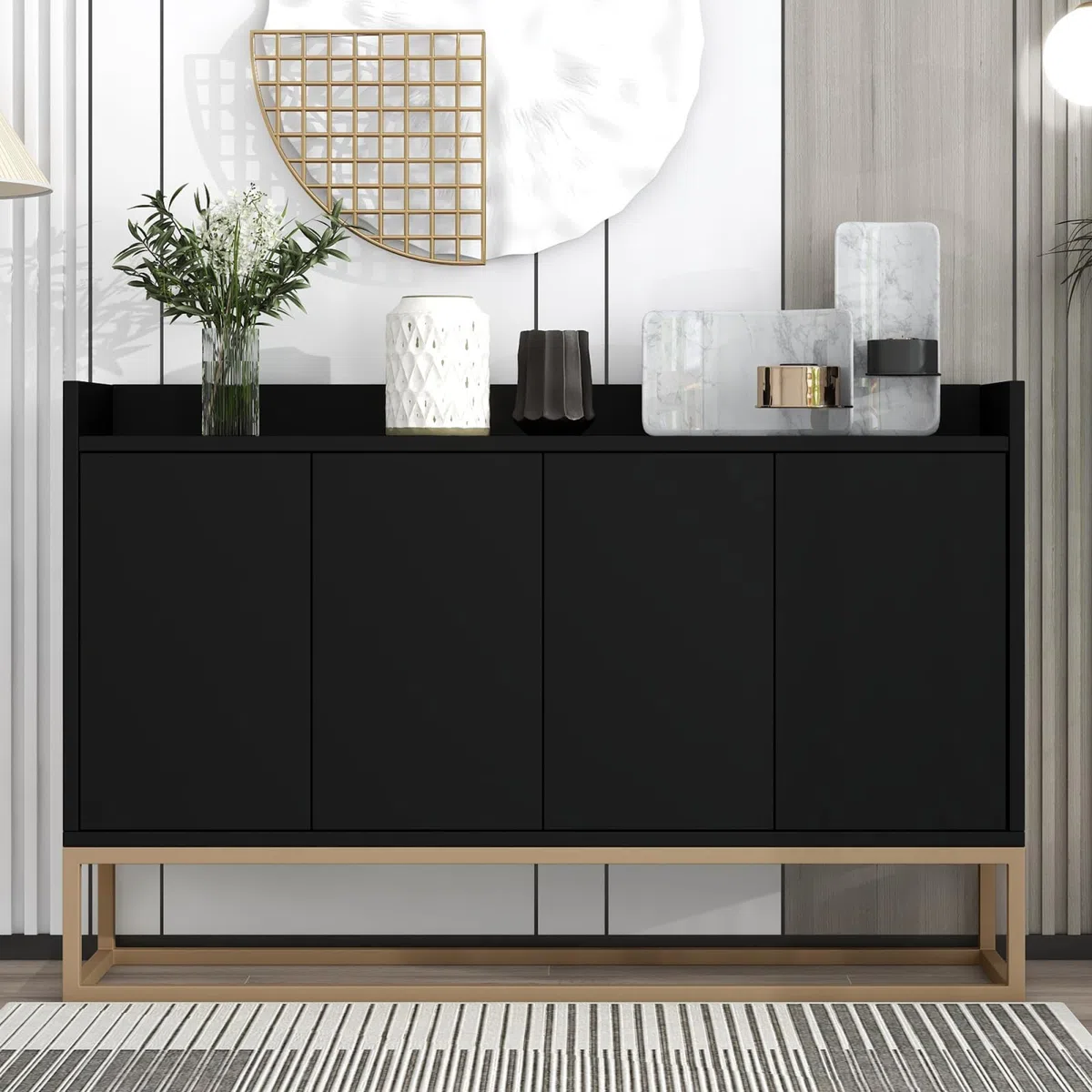 FEEOHOME - Aparador bajo, mueble de almacenamiento con patas de metal, mueble de cocina con 4 puertas y estantes ajustables, armario de cocina, 120 x 30 x 80 cm, para comedor, salón (Negro)