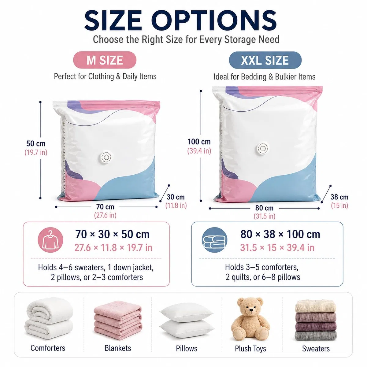 Bolsas De Almacenamiento De Vacío Sin Bomba, Bolsas de compresión herméticas, Organizador De Autocompresión De Ahorro De Espacio Para Ropa,Acogedores (6 unidades, 80 x 100 cm)