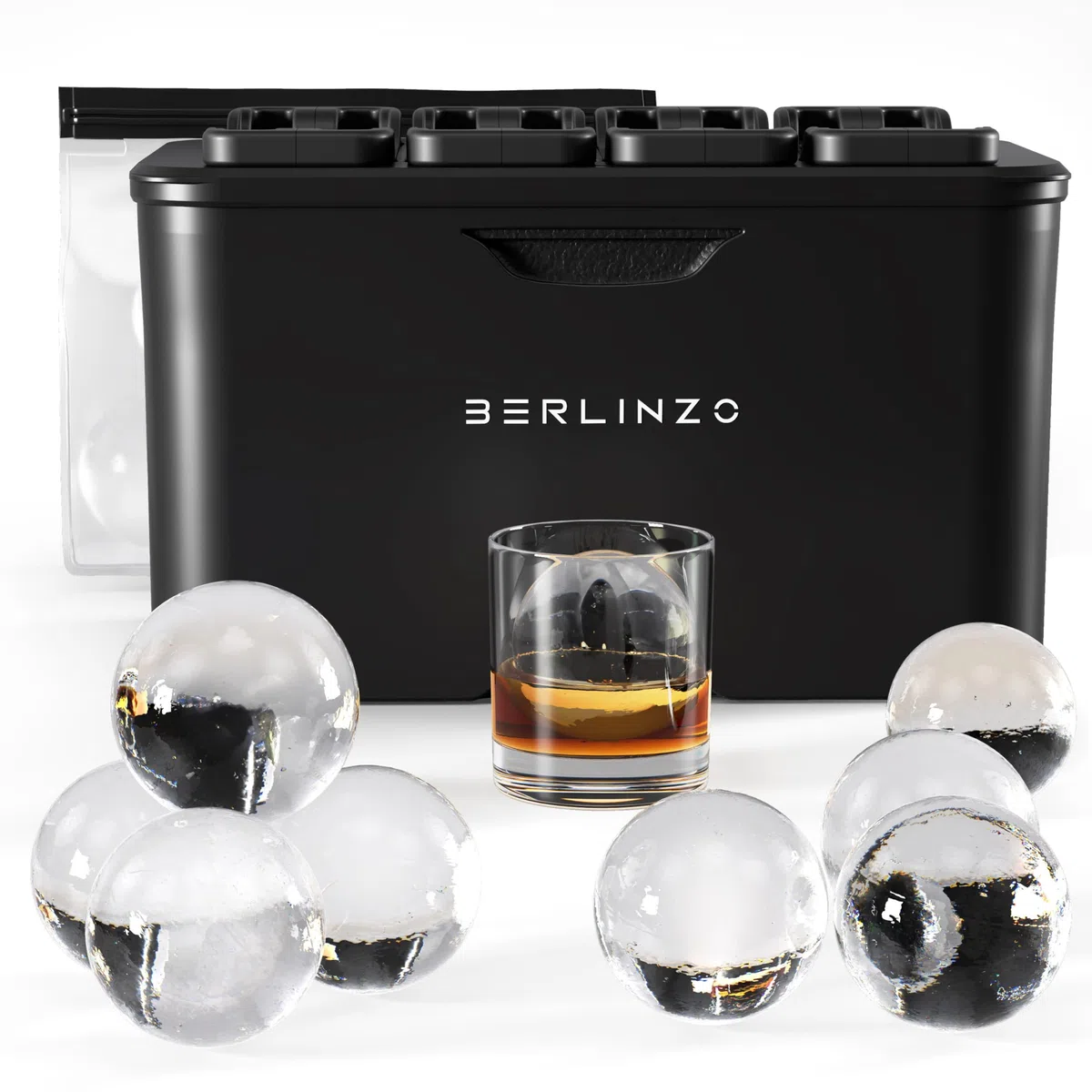 Berlinzo Máquina de bolas de hielo transparentes de alta calidad, 8 bolas de hielo grandes de 2.4 pulgadas para whisky, cócteles y bourbon, molde fácil de quitar para esferas de hielo, bolsa de
