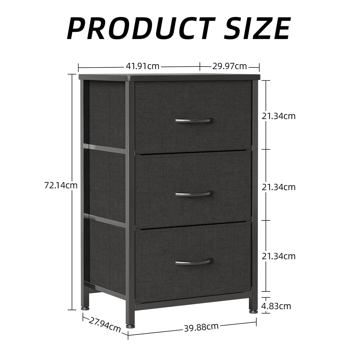 CAIYUN Cómoda de cabecera con 3 cajones, estrecho armario de tela, aparador con tablero de madera, almacenamiento para dormitorio, sala de estar, pasillo, diseño moderno, negro, ahorro de espacio