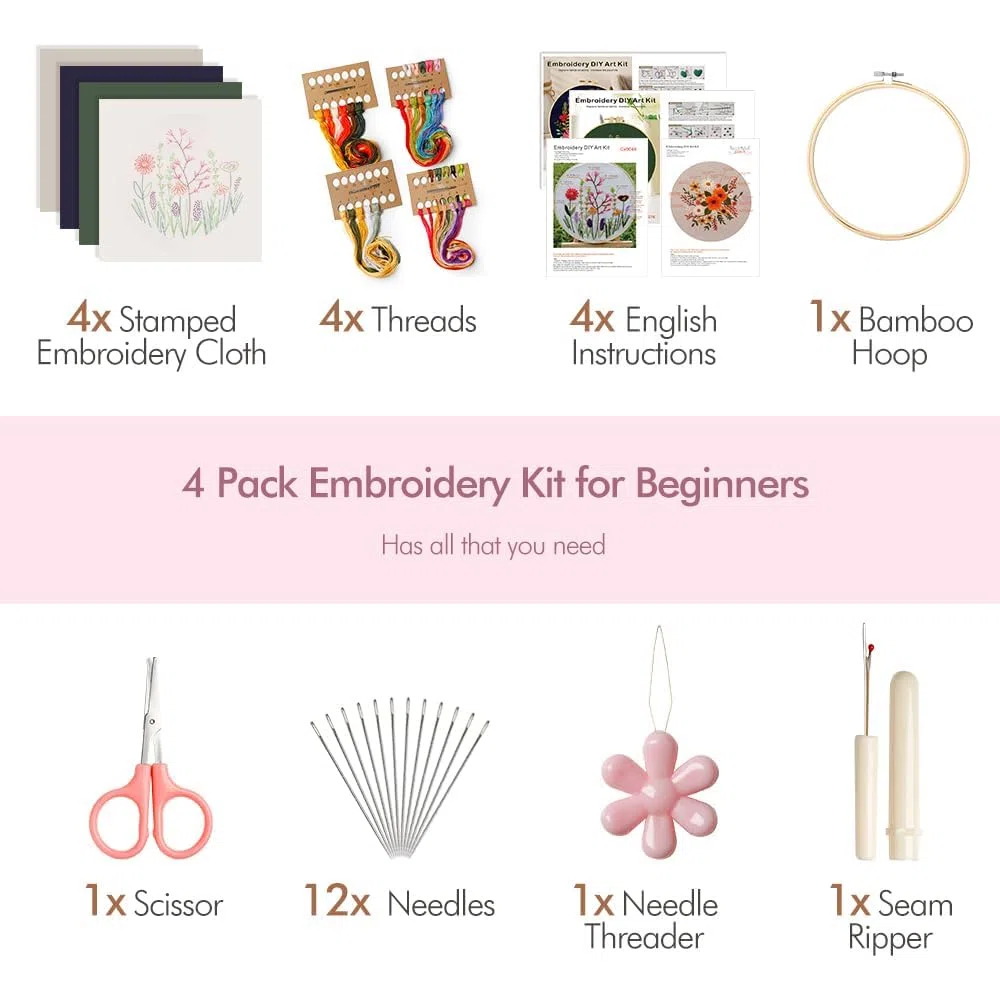 Kit de bordado para adultos, 4 juegos de iniciación de bordado con patrones de flores florales, kit de bordado a mano con aro de bordado e instrucciones (idioma español no garantizado), kits de punto