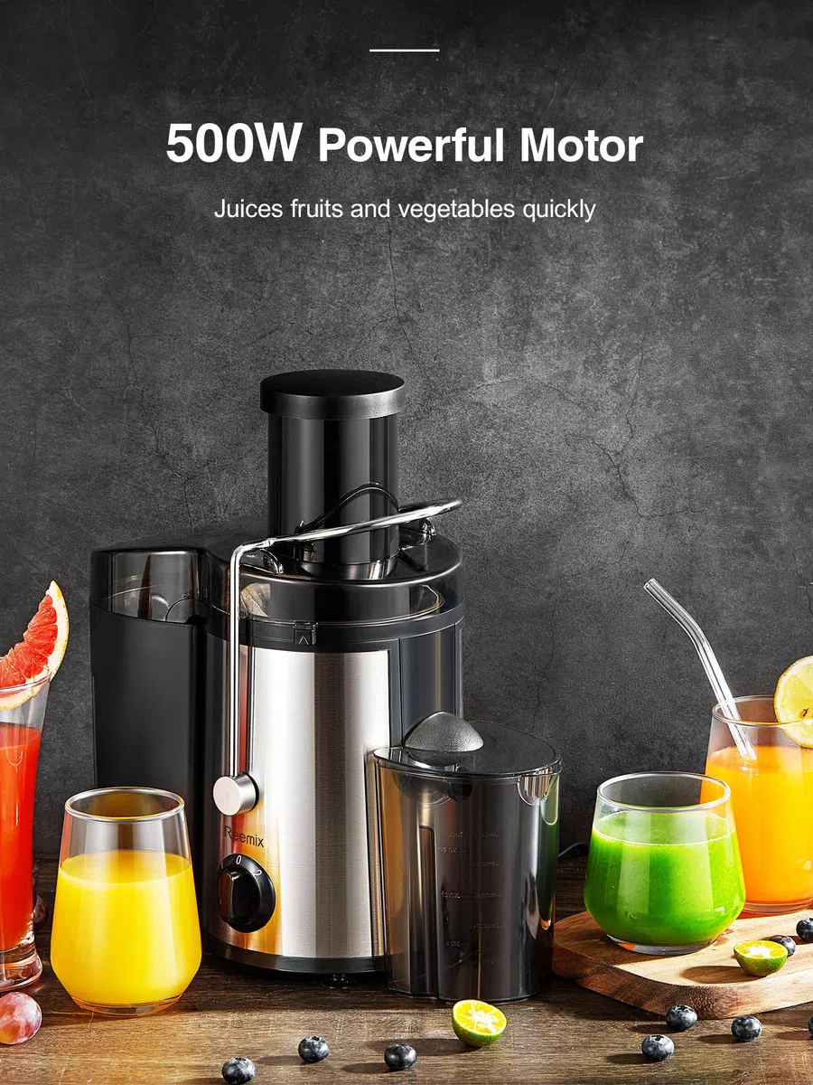 Reemix Licuadoras Para Verduras y Frutas, Licuadora de Acero Inoxidable, Fácil de Limpiar, 2 Modos de Velocidad, 65MM de Boca Ancha, Pies Nondeslizantes, Cepillo Incluido (Black, 500W)