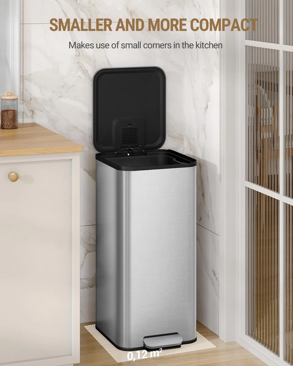 Hzuaneri Cubo de Basura Cocina 40L con Pedal, Contenedor de Residuos de Metal con Tapa de Cierre Suave y Cubo Interior Extraíble, Incluye 15 Bolsas de Basura, Plateado SW14099E