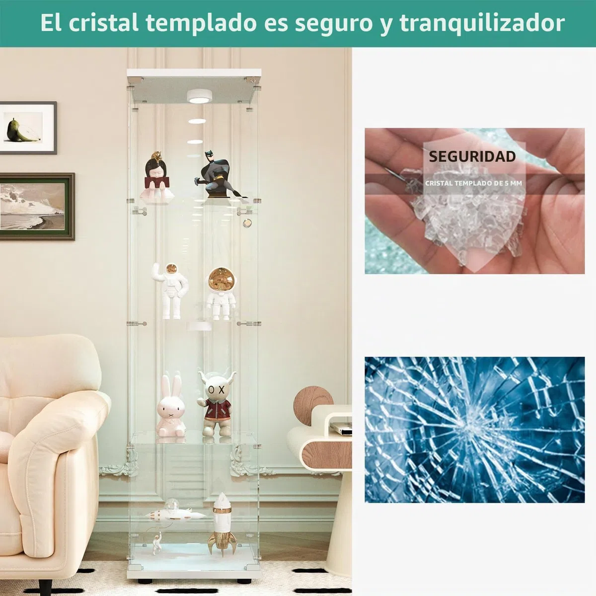 Vitrina de Cristal con LED, Armario para colección con 1 Puerta, 4 estantes, Transparente, gabinete, Vitrina, Cristal, Vitrina, estatuilla, gabinete, Vitrina, salón, Bar (4 Pisos,1 Puerta