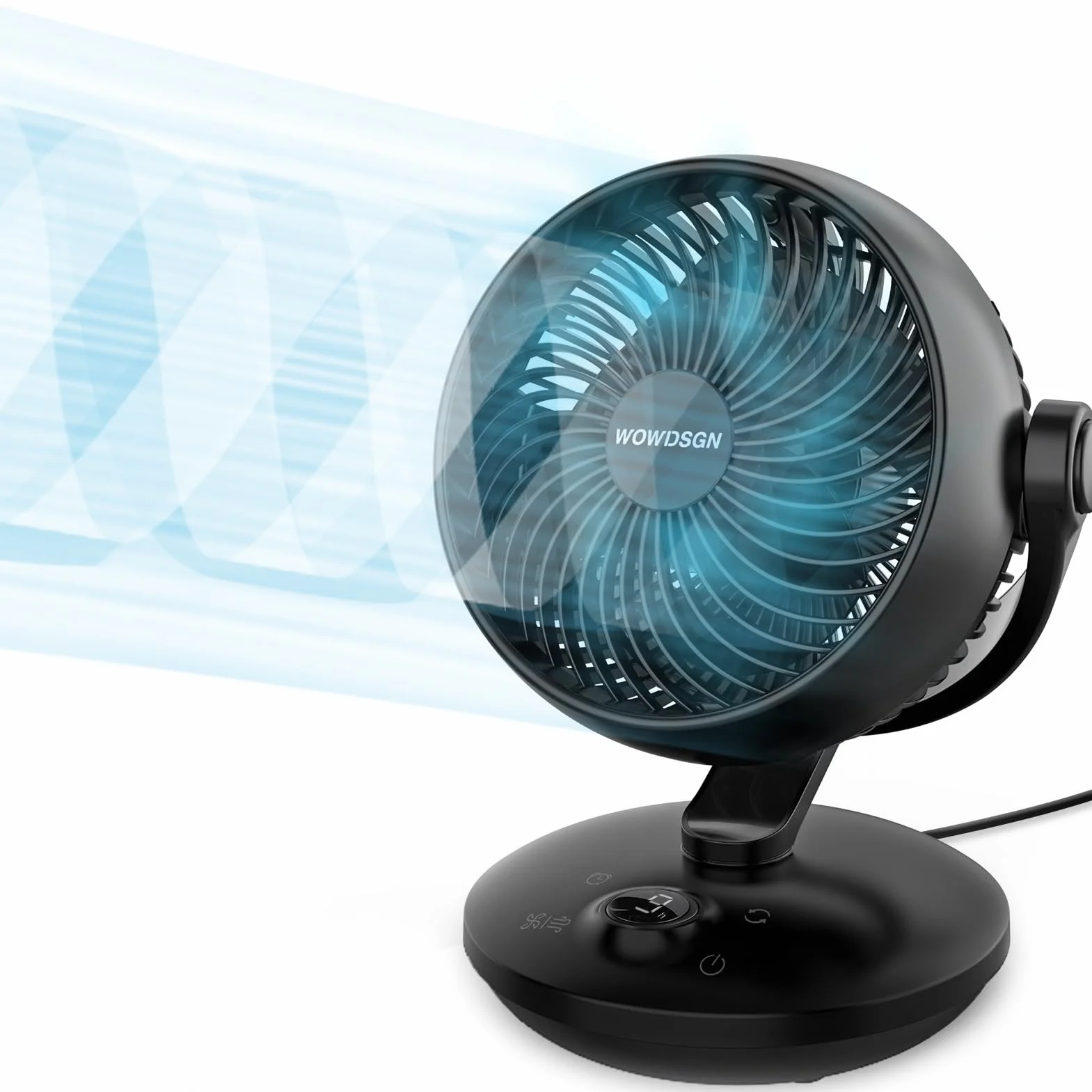 WOWDSGN Ventilador silencioso de 22 dB, con 6 niveles y pantalla, temporizador de 9 horas, potente circulación de aire turbo 3D, oscilación de 100° y 80°, ventilador de mesa para dormitorio, salón