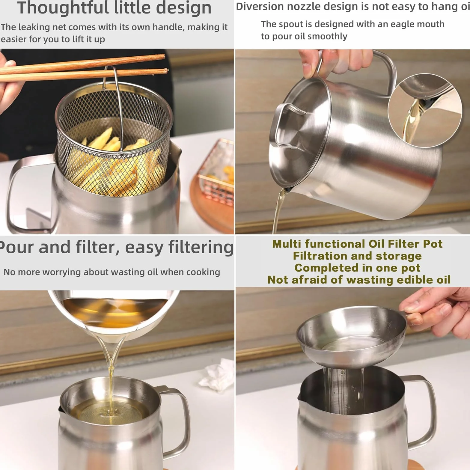 Recipiente de filtro de aceite versátil de acero inoxidable 304 de gran capacidad, olla de filtro de aceite de acero inoxidable, mini freidora de aceite de cocina y taza de filtro, tanque de red