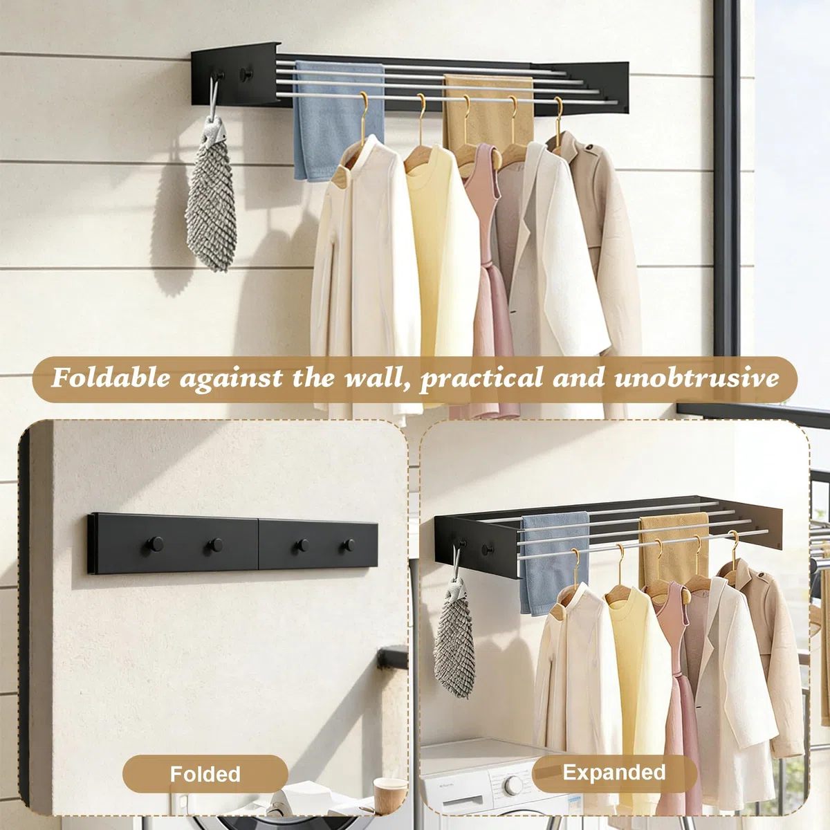 Tendedero de pared, con ganchos de actualización, fácil tendedero de pared, plegable, para interior o exterior, secadora de pared extensible para balcón (60 cm con 4 ganchos, negro)