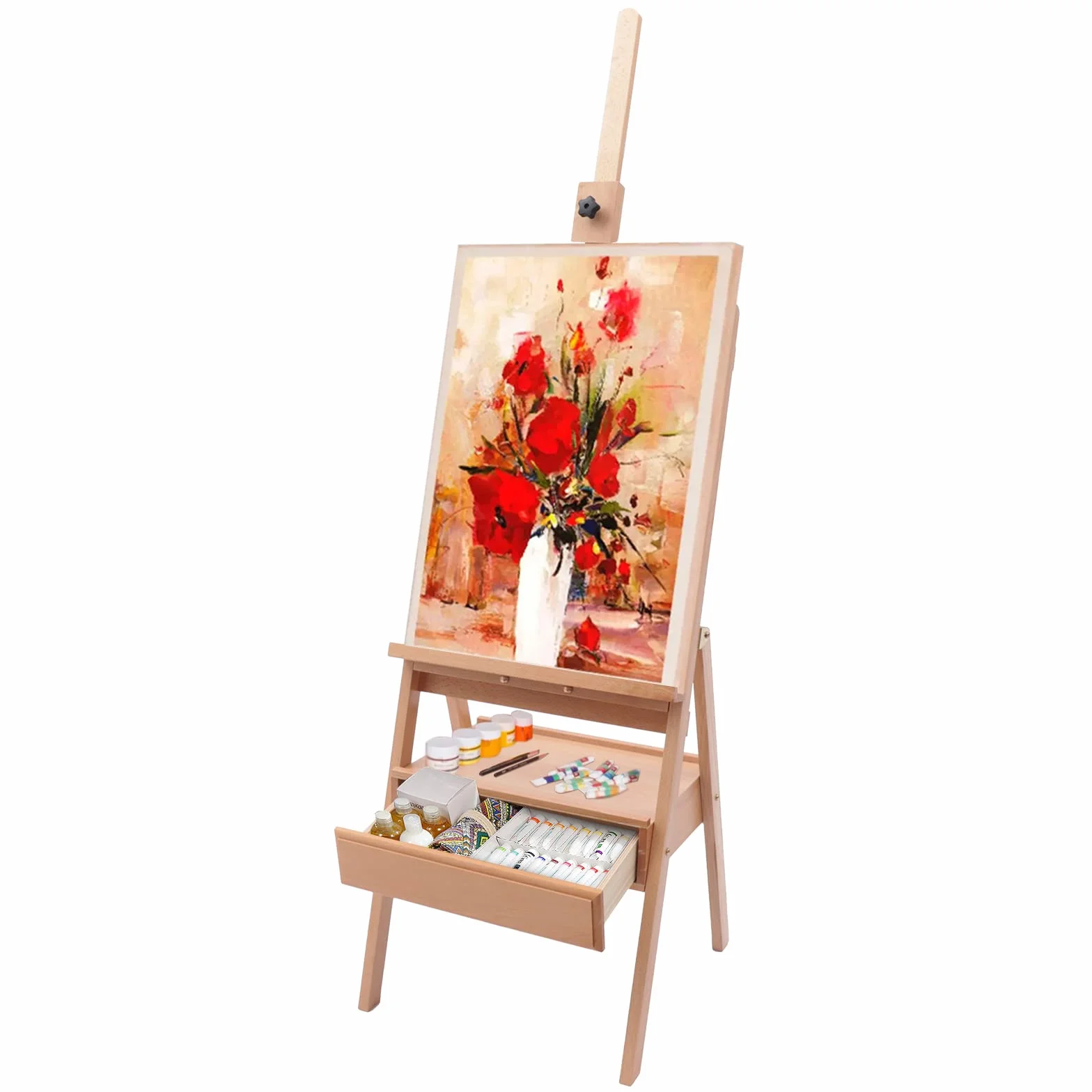 Caballete plegable de madera grande, caballete francés con caja de pintura, caballete de estudio grande para lienzos de hasta 90 cm de altura, caballete con marco en H para artistas, niños