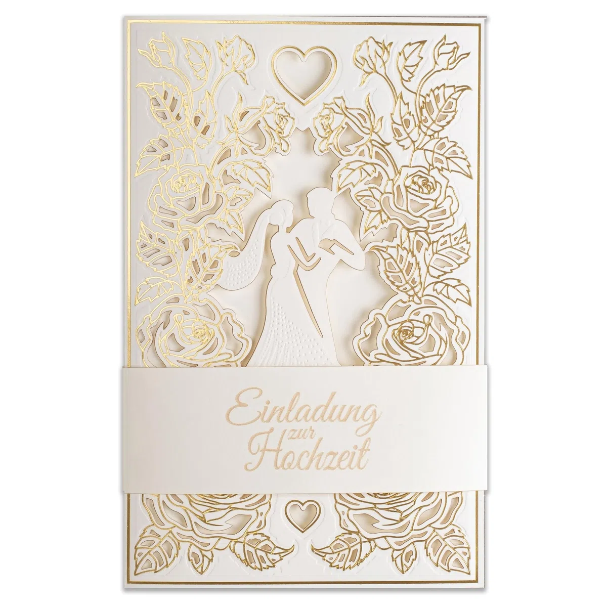 20 invitaciones de boda de 130 x 205 mm, con inserciones y sobres imprimibles para boda, corte láser, acabado con lámina dorada. Patrón prensado con inscripciones grabadas ZAP_DE_09