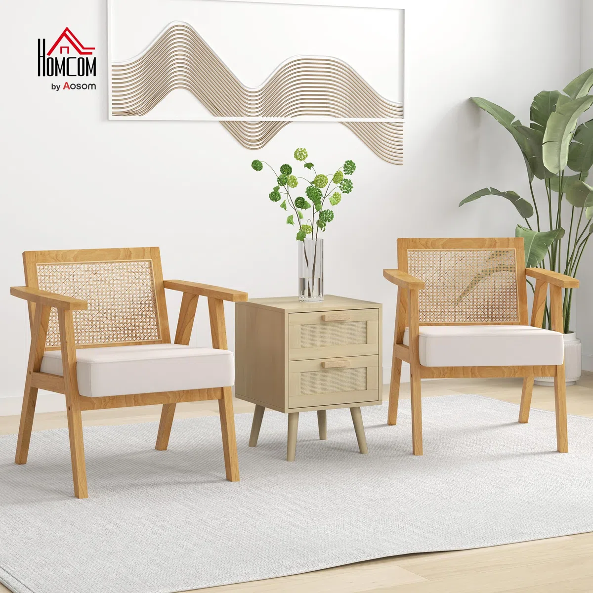 HOMCOM Butaca de Salón con Reposabrazos Sillón con Respaldo de Ratán y Marco de Madera de Caucho Butaca para Dormitorio Salón Carga 120 kg Natural y Beige