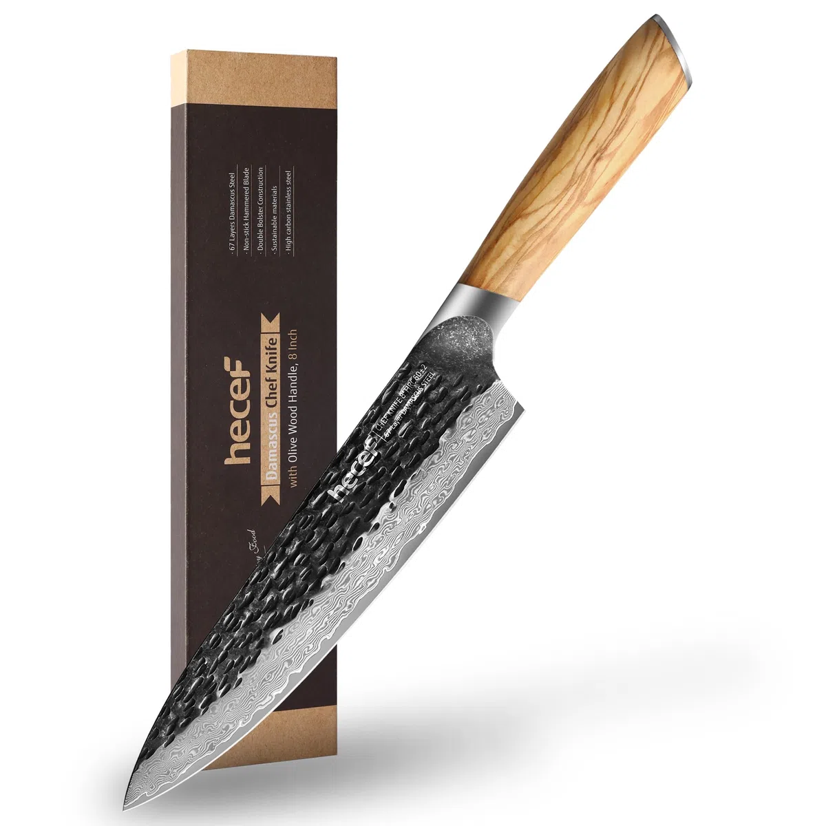 hecef Cuchillo de Cocina Damasco 20 cm con Mango de Madera de Olivo | Cuchillo japonés profesional, cuchillo cebollero chef con 67 capas de acero Damasco para carne y verduras