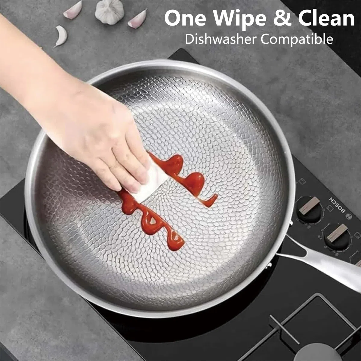 Sartén de titanio puro, sartenes de titanio puro martillado para cocinar, resistente a los arañazos, antiadherente, apta para lavavajillas, sartén martillada con tapa, compatible con todas las placas