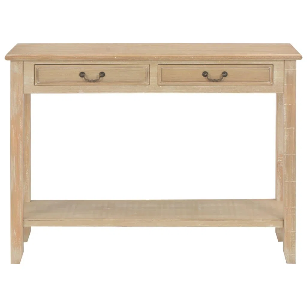 Consola clásica 110 x 35 x 80 cm, mesa auxiliar de madera de pino y MDF con 2 cajones y estantes, aparador para pasillo y salón, color madera natural