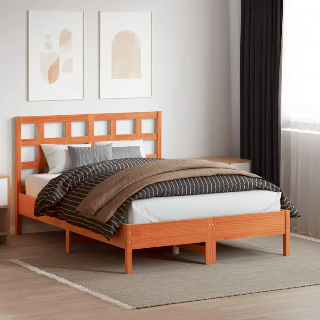 Color marrón cera, 140 cm de ancho, madera maciza de pino, diseño moderno con patas de madera estable, respaldo para colchón de 135 cm en el dormitorio