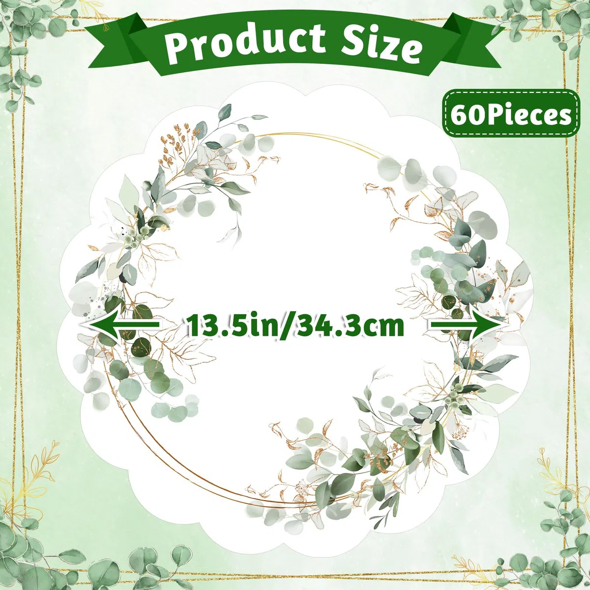 60 manteles individuales de papel de hojas de eucalipto, manteles individuales desechables festoneados de 13.5 pulgadas, manteles individuales de boda, manteles individuales redondos para banquetes